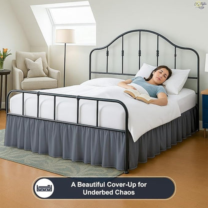 Cottington Lane Ruffled Bed Skirt Queen Size with Split Corner, Brushed Microfiber Hotel Quality Dark Grey Dust Ruffle, 24 Inch Drop Gathered Bedskirt, Soft and Stylish, Shrinkage and Fade Resistant