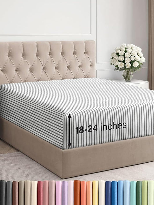 Extra Deep Full Fitted Sheet - Hotel Luxury Single Fitted Sheet Only - Easily Fits 18 inch to 24 inch Mattress - Ultra Soft, Wrinkle Free with Extra Deep Pockets - Breathable & Comfy - Grey Stripes