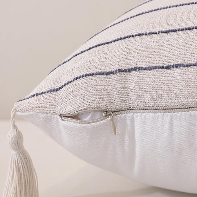 Decorative Boho Throw Pillow Cover 18x18 Inch Set of 2, Textured Linen Striped Throw Pillows with Tassels, Farmhouse Decor Cushion Covers for Couch Bed Living Room, Dusty Blue