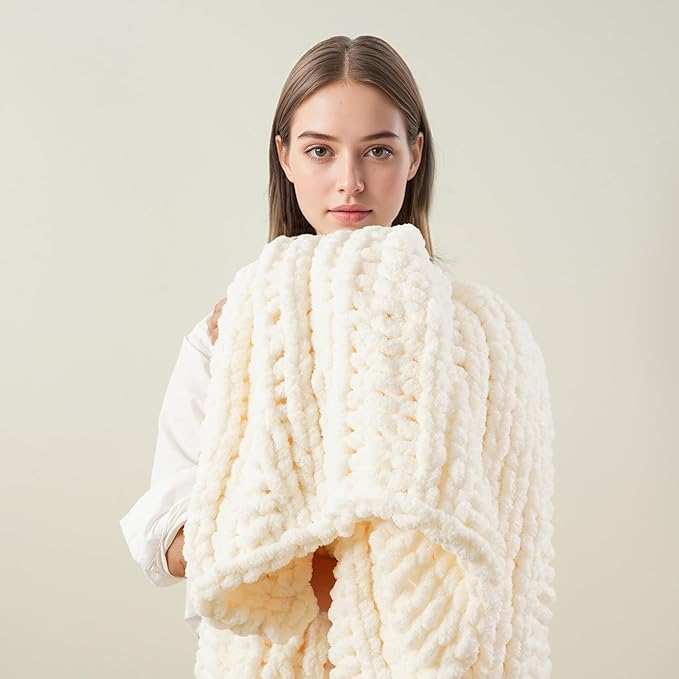 Battilo Cream Chunky Knit Throw Blanket for Couch, Super Soft Chenille Throw Blanket Cozy Warm Thick Ivory White Cable Knitted Blanket for Sofa, Bed, Living Room, 50"x60"