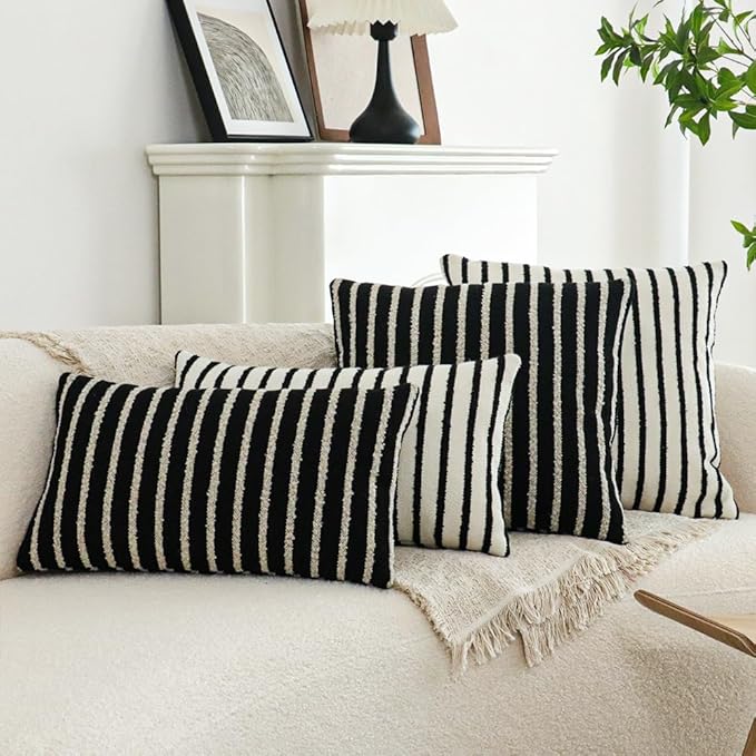 Jonhier Black Striped Lumbar Boho Throw Pillow Cover, Modern Boucle Textured Rectangle Pillowcase for Sofa Couch Bed, Neutral Farmhouse Accent Decorative Cushion Cover for Living Room, 12 x 20 inch