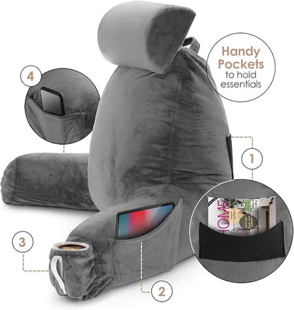 Nestl Reading Pillow with Shredded Memory Foam Includes 2 Neck and Lumber Support Pillows, Designed for Sitting Up in Bed and Couch, Back and Arms Adjustable Support for Adult & Teens, Dark Grey