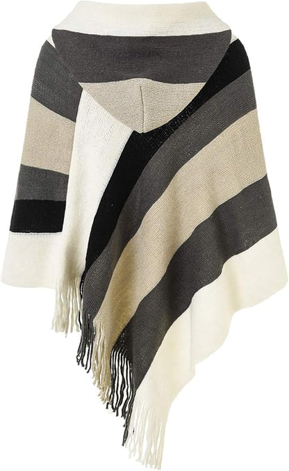 Ferand Women's Striped Poncho Sweater Cozy Knit Fringe Shawl Wraps for Fall Winter