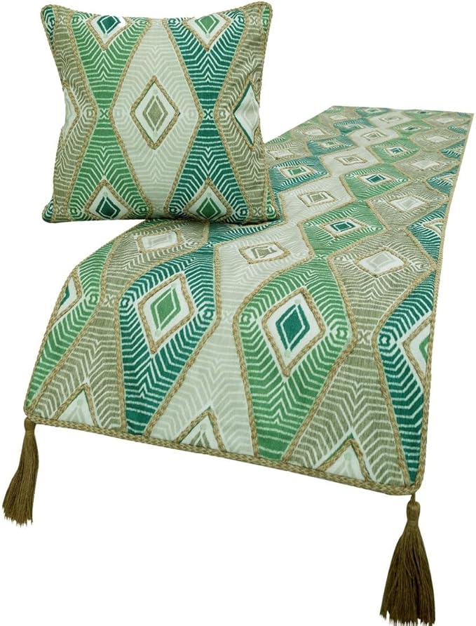 The HomeCentric King/Queen/Twin Green Designer Queen 74"x18" Bed Runner Without Pillow Cover, Aztec, Jute Embroidery, Quilted, Tassels, Jute, Moroccan & Tribal Bed Scarf Cotton Fabric - Chantico