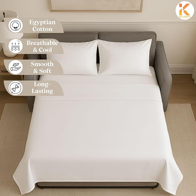 Sleeper Sofa Bed Sheet Set - Full Size 4 PC's Sheet Set Sofa Bed Sheets - 100% Cotton 400 Thread Count Sofa Sheets - Sleeper Sofa Sheets - Fits Mattresses Up to 6" Drop - White