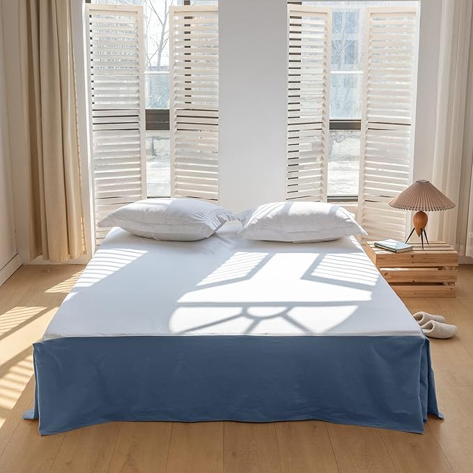BISELINA French Linen Bed Skirt with Pleated Corner 14-Inch Tailored Drop Natural Flax Cotton Blend Basic Dust Ruffle Soft Cozy Farmhouse Bedding (14" Queen, Basic Navy Blue)