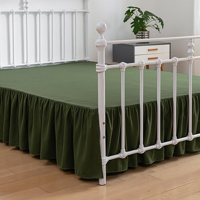 Bed Skirt Queen Size Ruffled Bed Skirt with Split Corners, 16 Inch Drop Dust Ruffle Bed Skirt with Platform, Green, Queen - 16" Drop