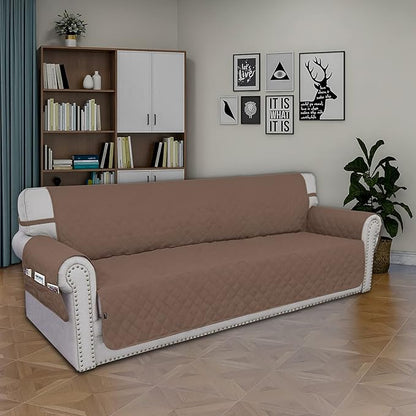 Easy-Going Sofa Slipcover Waterproof Sofa Cover Couch Cover for 4 Cushion Couch with Elastic Straps Washable Non-Slip Furniture Protector Cover for Pets, Dogs, Cat (XX-Large, Brown)