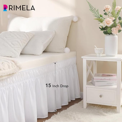 RIMELA White Bed Skirt Twin Size 15 Inch Drop, Elastic Bed Skirting for Bed Base and Frame, Bedding Dust Ruffle Easy to Install, Lightweight Wrap Around Adjustable Bedskirt