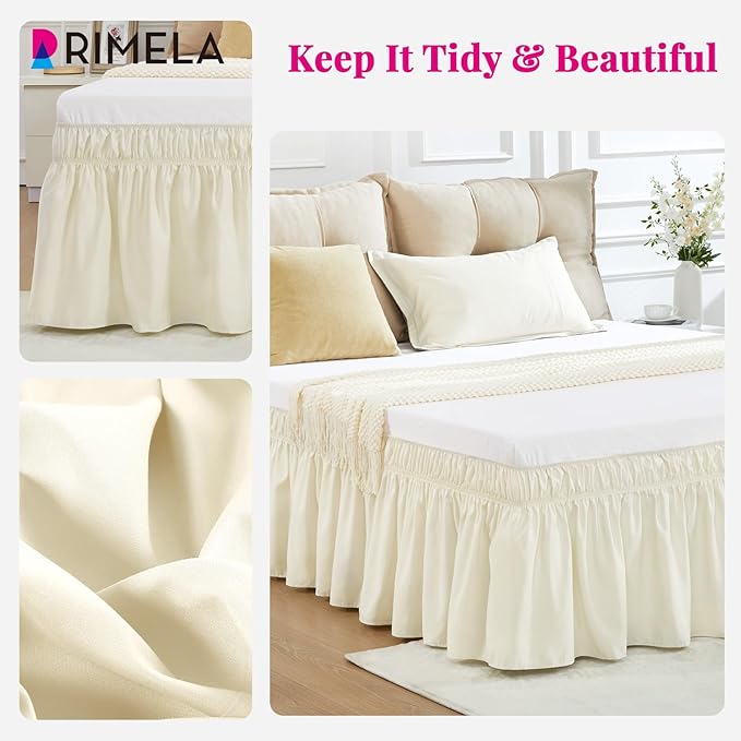 RIMELA Ivory Bed Skirt King Size 15 Inch Drop, Elastic Bed Skirting for Bed Base and Frame, Bedding Dust Ruffle Easy to Install, Lightweight Wrap Around Adjustable Bedskirt