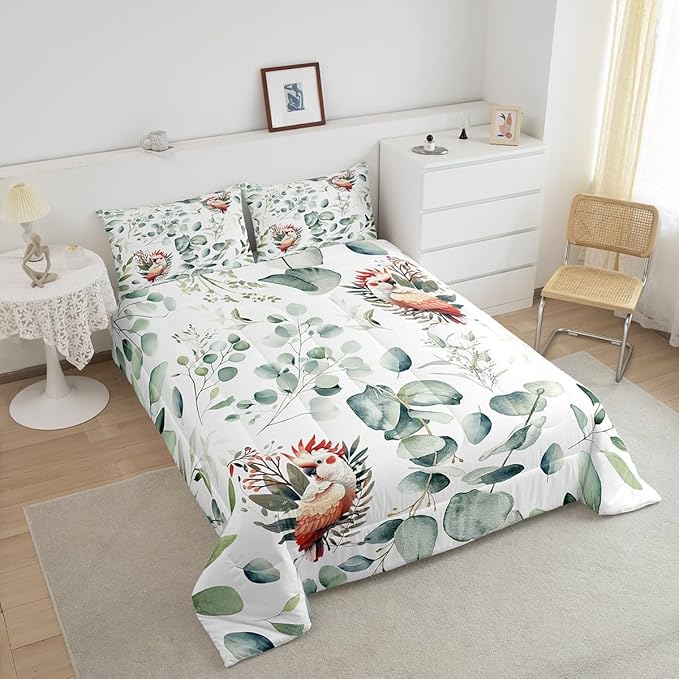 Erosebridal Cartoon Animal Bedding Full Size for Kids Toddler Kawaii Parrot Comforter Set Full, Wild Bird Duvet Insert Cute Wildlife Quilt Comforter, Green Eucalyptus Bedding Comforters & Sets
