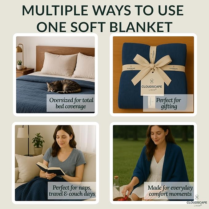 Cloud Scape Linen Extra Large 4 Layer Muslin Throw Blanket - 100% Cotton Gauze, Lightweight & Breathable All Season, Pre-Washed, for Couch & Bed, 50x70, Ensign Blue