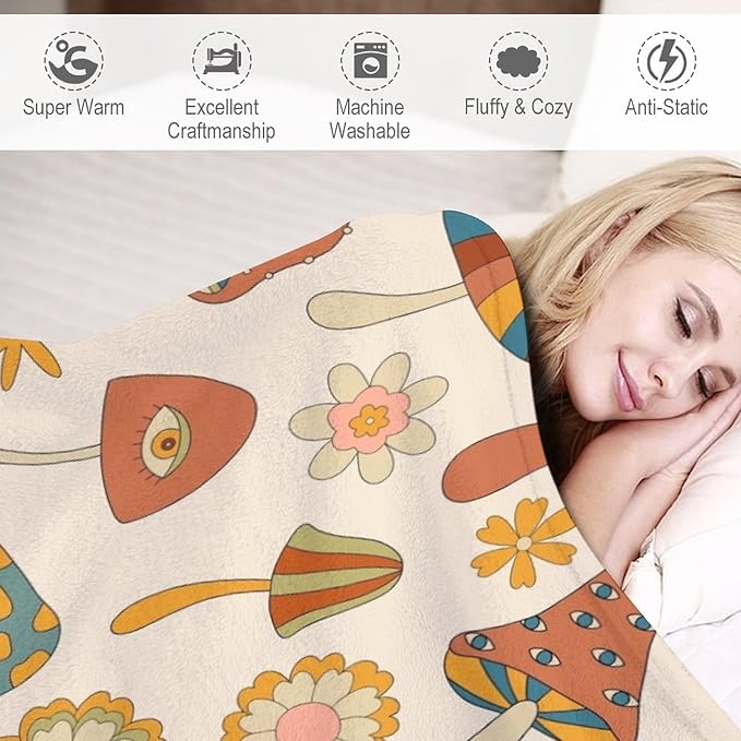 70s Mushroom Throw Blanket, Retro 60s Groovy Mushroom Boho Hippie Flowers Print Blanket for Kids Baby Bedroom Sofa Holiday Decor 30"x40"