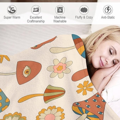 70s Mushroom Throw Blanket, Retro 60s Groovy Mushroom Boho Hippie Flowers Print Blanket for Kids Baby Bedroom Sofa Holiday Decor 30"x40"