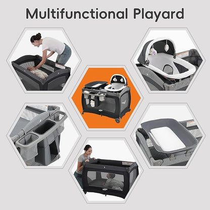 Pamo Babe Playard Portable Playard Foldable Playpen for Baby and Toddler Portable Crib Mattress Diaper Changer for Newborn (Grey)