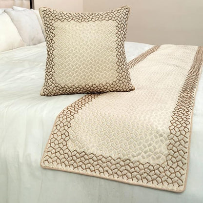 The HomeCentric King/Queen/Twin Ivory & Gold Designer Full 68"x18" Bed Runner Without Pillow Cover, Mosaic & Beaded Bed Scarf on Jacquard Fabric - Tessellation