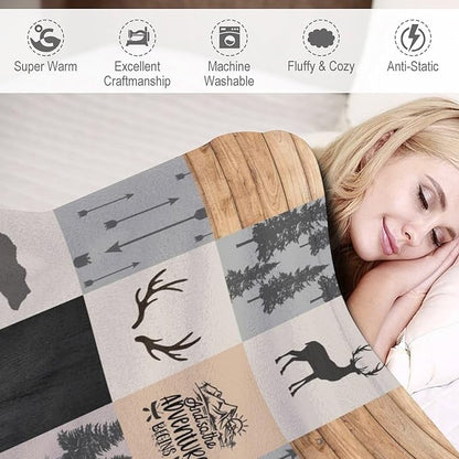 Rustic Cabin Throw Blanket, Retro Camping Bear Deer Farmhouse Wildlife Tree Forest Brown Gray Print Warm Flannel Blanket for Bedroom Camping Travel, 50"x60"