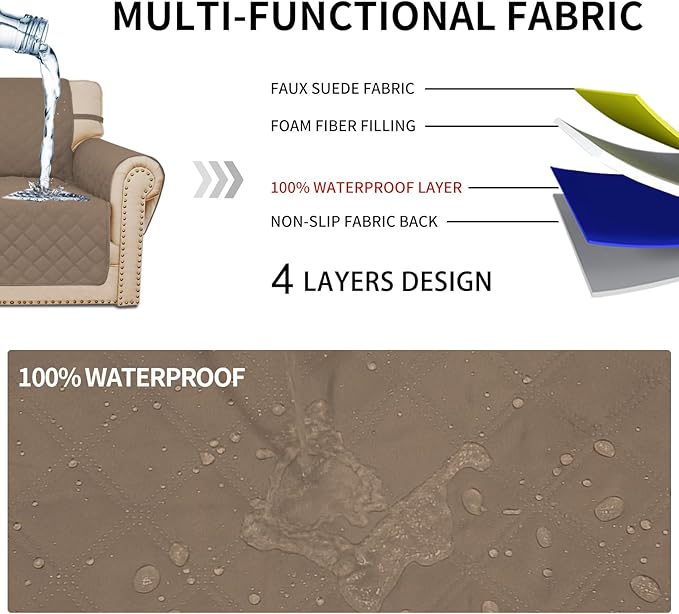 Easy-Going Waterproof Oversized Loveseat Covers Leakproof Couch Cover for 2 Cushion Couch Sofa Cover Washable Sofa Slipcover Non-Slip Furniture Protector with Pocket for Pets (Medium-XL, Camel)