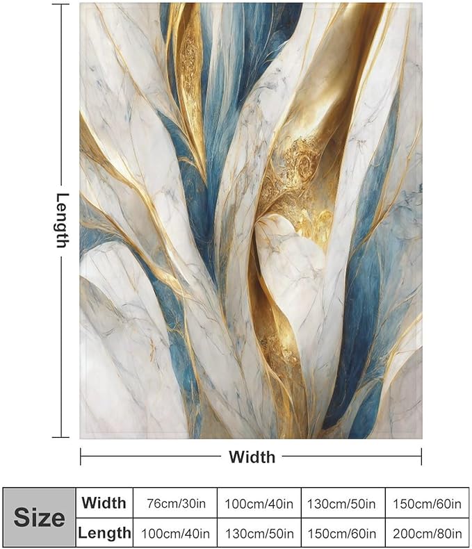 Abstract Marble Blanket, Modern Luxury Baroque Golden Blue White Stone Veins Pattern Soft Warm Cozy Plush Flannel Covers for Livingroom Bedroom Couch Chair Camping Travel Home Decor Tapestry 30x40in