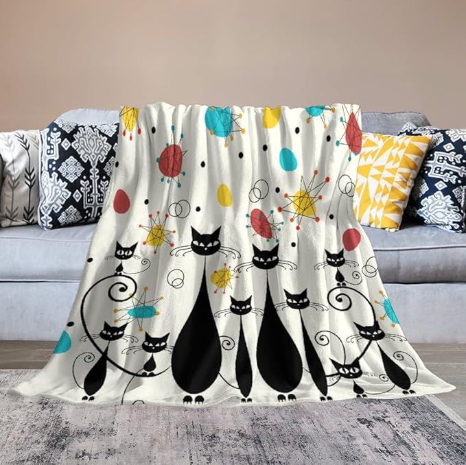 Mid Century Modern Throw Blanket, Atomic Black Cat Starbursts Iconic Sputnik Retro Abstract Geometric 1950s 1960s Throw for Adults Kids Pet, Beige Black 40"x50"