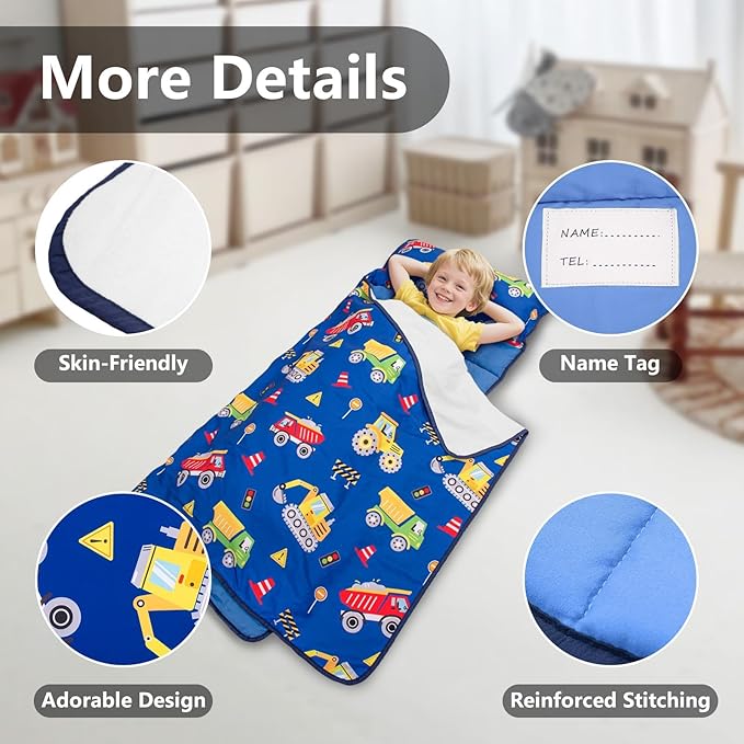 Primlect Lightweight Toddler Nap Mat Perfect for Warm Sleepers, Portable Sleeping Bag with Removable Pillow and Fleece Blanket, Washable, Great for 3 Seasons, Daycare, Preschool, Boy and Girls