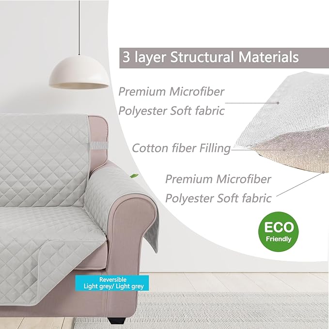 U-NICE HOME Loveseat Sofa Cover Reversible Couch Cover for Dogs with Elastic Straps Water Resistant Furniture Protector for Pets Couch Cover for 2 Cushion Couch (Loveseat, Light Grey/Light Grey)