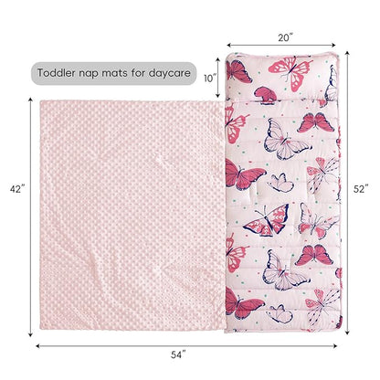 david's kids Minky Toddler Nap Mat with Pillow and Minky Fleece Blanket, Ultra Soft Slumber Bags for Girls, Perfect for Preschool, Daycare, Kids Sleeping Bags with Rollup Design, 50"x20", Butterfly