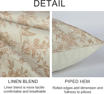 Brown Floral Pillow Cover 18x 18 Set of 2, Vintage Block Print Blooming Flower and Bird Decorative Linen Pillow Cushion Case,Modern Home Decor for Outdoor Couch Bedroom Car