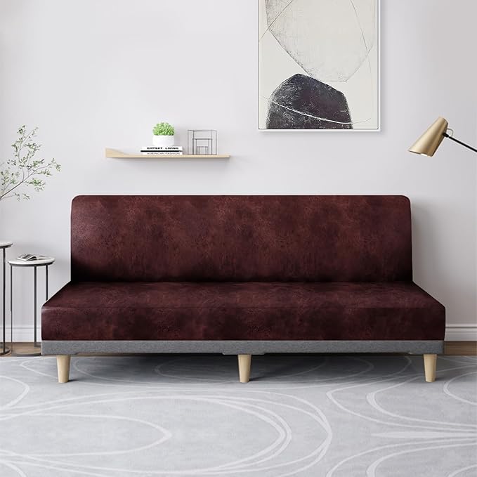 molasofa Leather Like Stretch Futon Slipcover Armless Futon Bed Sofa Cover Furniture Protector with Elastic Bottom, Soft and Washable Futon Cover for Sofa Bed Stay in Place（Larger，Red）