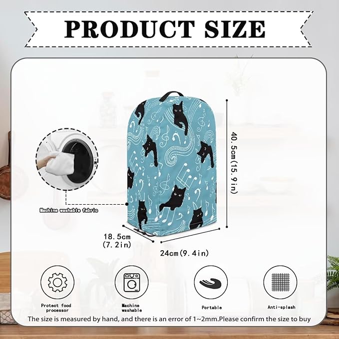 Blender Covers for Kitchen Food Processor Cover with Handle, Drawstring Dust Covers for Kitchen Appliances Stand Mixer or Coffee Maker Appliance Cover, Music Notes Black Cats