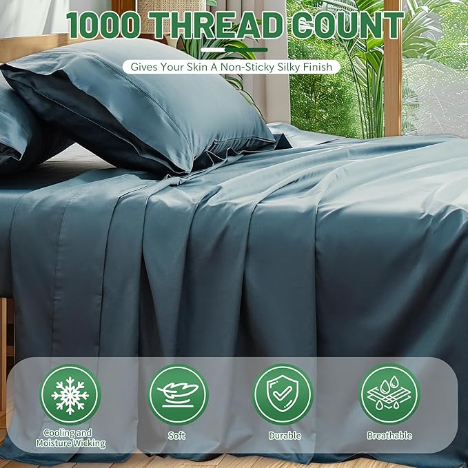 1000 Thread Count Egyptian Cotton Sheets Queen Size Set 4PCS Sateen Weave Soft Breathable 16-Inch Deep Pocket（Queen,Lake Blue）