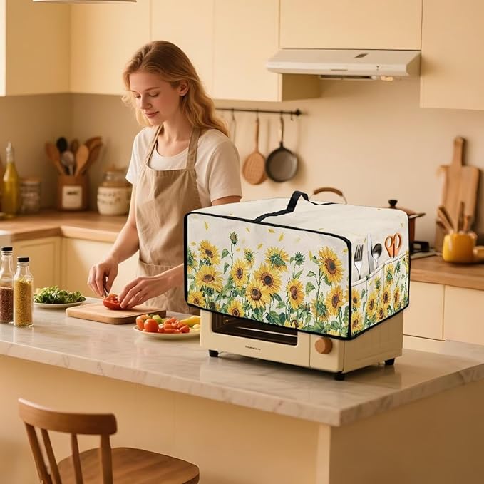 Convection Oven Cover with Storage Pockets, Dust-Proof Small Appliance Protector for Countertop Microwave Toaster Oven, S, 14.5 x 18.5 x 9 Inches, Sunflower Petals