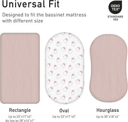 Muslin Bassinet Fitted Sheets, 2 Pack for Baby Boy and Girl, Soft Breathable Baby Pad/Mattress Sheet, Fit for Hourglass Oval and Rectangle Bassinet Mattress (Pink Cloud)