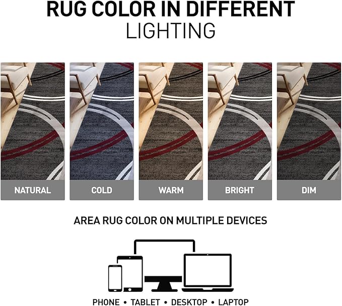 Rugshop Modern Wavy Circles Design Non-Shedding Round Rug, Carpet for Dining Room or Living Room, Red, 8' Round