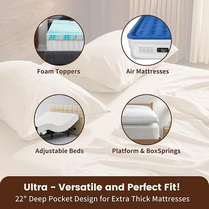 100% Linen Sheet Set Queen Size Extra Deep Pocket Fits 18-24 Inch Mattress, Breathable & Soft, Smooth 4-Piece Set for Thick Mattresses Hotel Luxury Bedding（Queen, Linen）