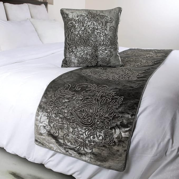 HomeCentric Designer Bed Runner with Decorative Throw Pillow Cover, 53 x 18 Inch Damask Twin Size Scarf in Foil Velvet and Embroidery
