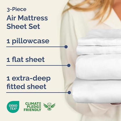 Air Mattress Sheet Set for Twin Size - 3 Piece Breathable & Cooling Sheets w/Extra Deep Pockets - Fits Inflatable & Blow Up Air Mattresses Up to 24 Inches Thick - Ultra Soft & Wrinkle Free - White