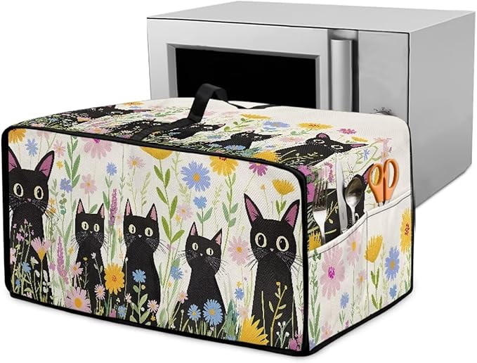 Countertop Microwave Oven Cover with Side Pockets, Dust Protection Small Appliance Toaster Ovens Dust Cover, L, 18.5 x 22.5 x 13 Inches, Cartoon Black Cat Daisy Flower