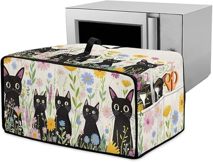 Countertop Microwave Oven Cover with Side Pockets, Dust Protection Small Appliance Toaster Ovens Dust Cover, M, 16.5 x 20.5 x 10 Inches, Cartoon Black Cat Daisy Flower