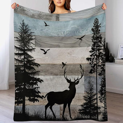 Rustic Deer Throw Blanket, Retro Cabin Farmhouse Country Lodge Blue Brown Wooden Board Wild Forest Animals Deer Bird Print Warm Cozy Blanket for Bed Couch Sofa Travel, 40"x50"