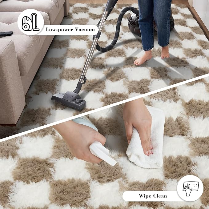 Checkered Rug for Living Room, 9x12 Beige and White Area Rugs, Classic Checkered Carpets Shaggy Area Rug, Bedside Rugs for Living Room Bedroom Kids Room Home Decor
