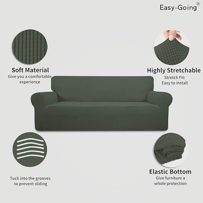 Easy-Going Stretch Sofa Slipcover 1-Piece Sofa Cover Furniture Protector Couch Soft with Elastic Bottom for Kids, Polyester Spandex Jacquard Fabric Small Checks (Sofa, Olive Green)