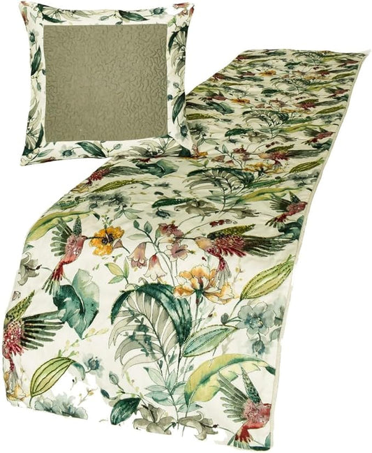The HomeCentric King Queen Twin Ivory & Multi Designer Full 68"x18" Bed Runner with Pillow Cover, Bird, Sequins & Beaded Bed Scarf on Cotton Fabric - Exotic Birds
