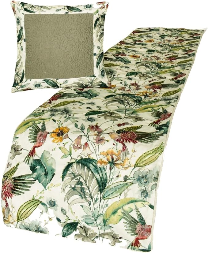 The HomeCentric King Queen Twin Ivory & Multi Designer Twin 53"x18" Bed Runner with Pillow Cover, Bird, Sequins & Beaded Bed Scarf on Cotton Fabric - Exotic Birds