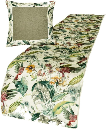 The HomeCentric King Queen Twin Ivory & Multi Designer Twin 53"x18" Bed Runner with Pillow Cover, Bird, Sequins & Beaded Bed Scarf on Cotton Fabric - Exotic Birds