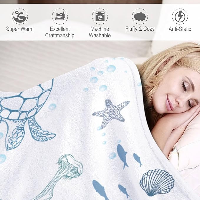 Nautical Turtle Throw Blanket, Coastal Sea Ocean Theme Coral Starfish Seashell Jellyfish Undersea Life Fleece Blanket for Summer Home Bed Sofa Couch Chair, 30"x40"