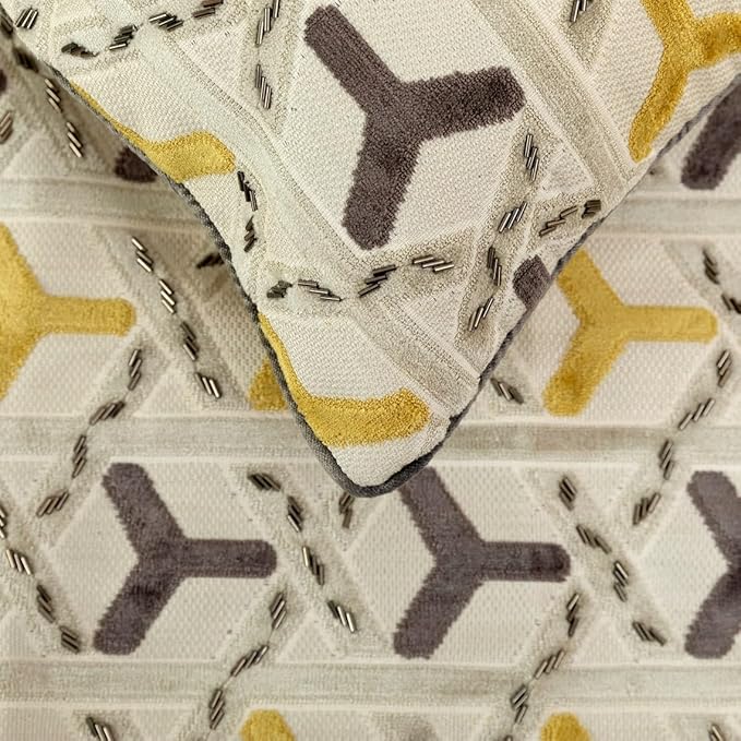 The HomeCentric King/Queen/Twin Grey & Yellow Designer CA King 86"x18" Bed Runner with 2 Pillow Cover, Beaded Bed Scarf on Velvet Fabric - Tripod