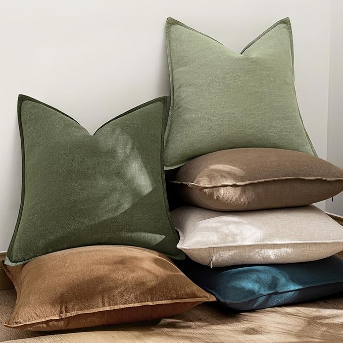 EMEMA Decorative Linen Throw Pillow Covers 24x24 Inch Grass Green Boho Farmhouse Neutral Couch Throw Pillows for Bed Pack of 2 Accent Pillowcase Modern Sofa Cushion Livingroom Home