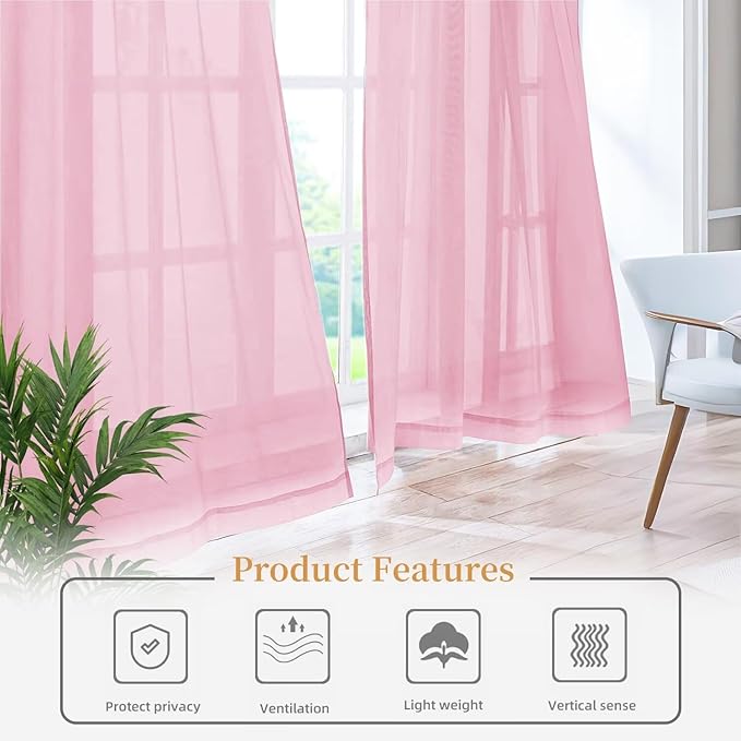 Sheer Curtains 72 Inches Long 2 Panels, Rod Pocket Short Curtain for Kitchen, Bedroom, Cafe Window(Pink 38" W x 72" L)