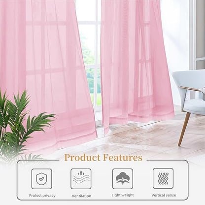 Sheer Curtains 45 Inches Long 2 Panels, Rod Pocket Short Curtain for Kitchen, Bedroom, Cafe Window(Pink 38" W x 45" L)